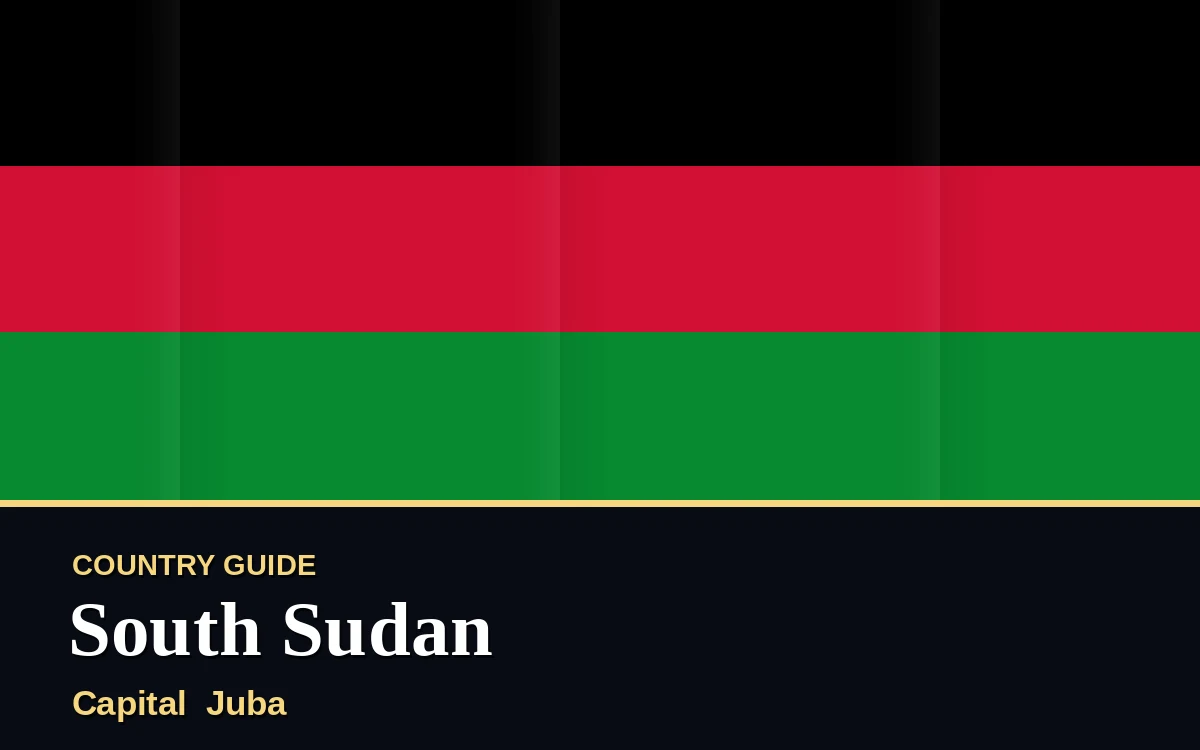 Original South Sudan country guide poster with capital Juba, Independence Day on Friday, 9 July 2027, colours black, red and green