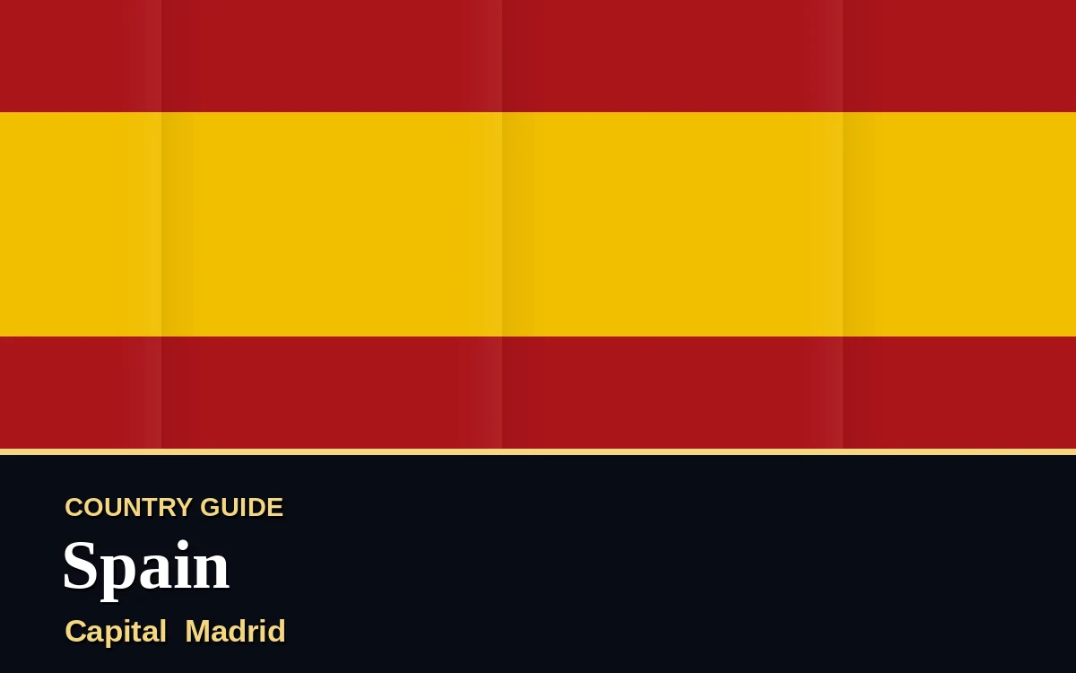 Original Spain country guide poster with capital Madrid, National Day on Monday, 12 October 2026, colours red and gold