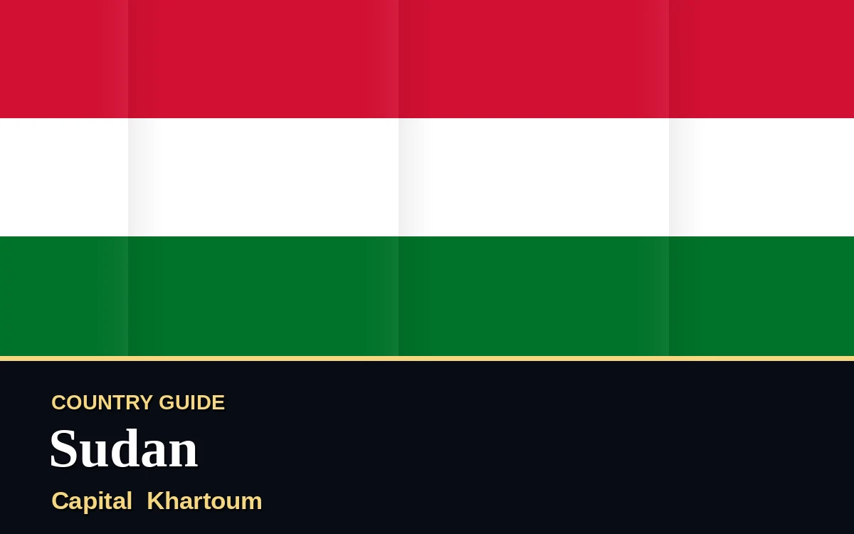 Original Sudan country guide poster with capital Khartoum, Independence Day on Friday, 1 January 2027, colours red, white and green
