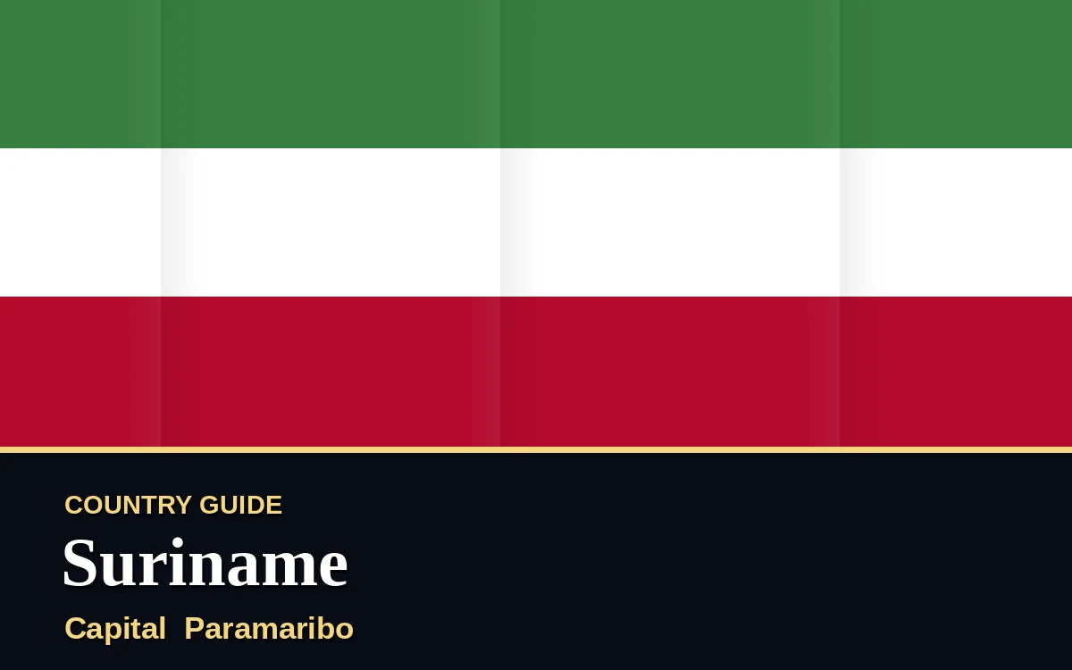 Original Suriname country guide poster with capital Paramaribo, Independence Day on Wednesday, 25 November 2026, colours green and gold