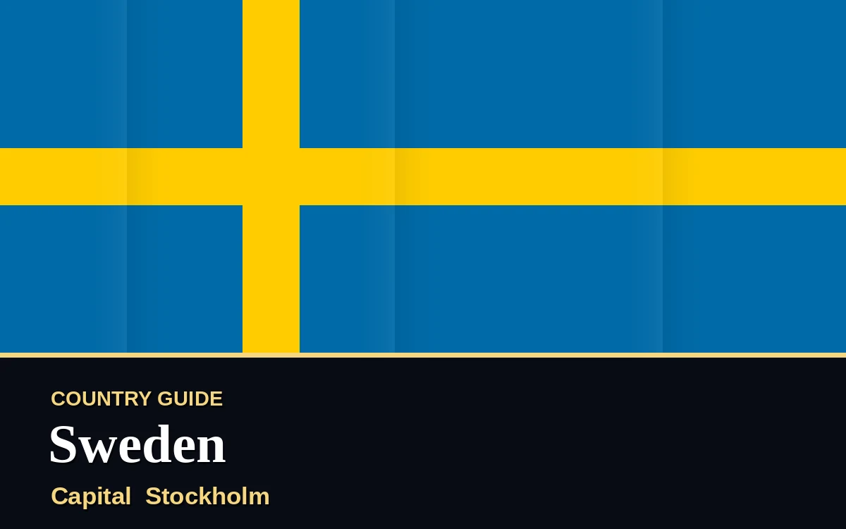 Original Sweden country guide poster with capital Stockholm, National Day on Sunday, 6 June 2027, colours blue and gold