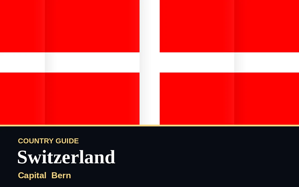 Original Switzerland country guide poster with capital Bern, National Day on Sunday, 1 August 2027, colours red and white