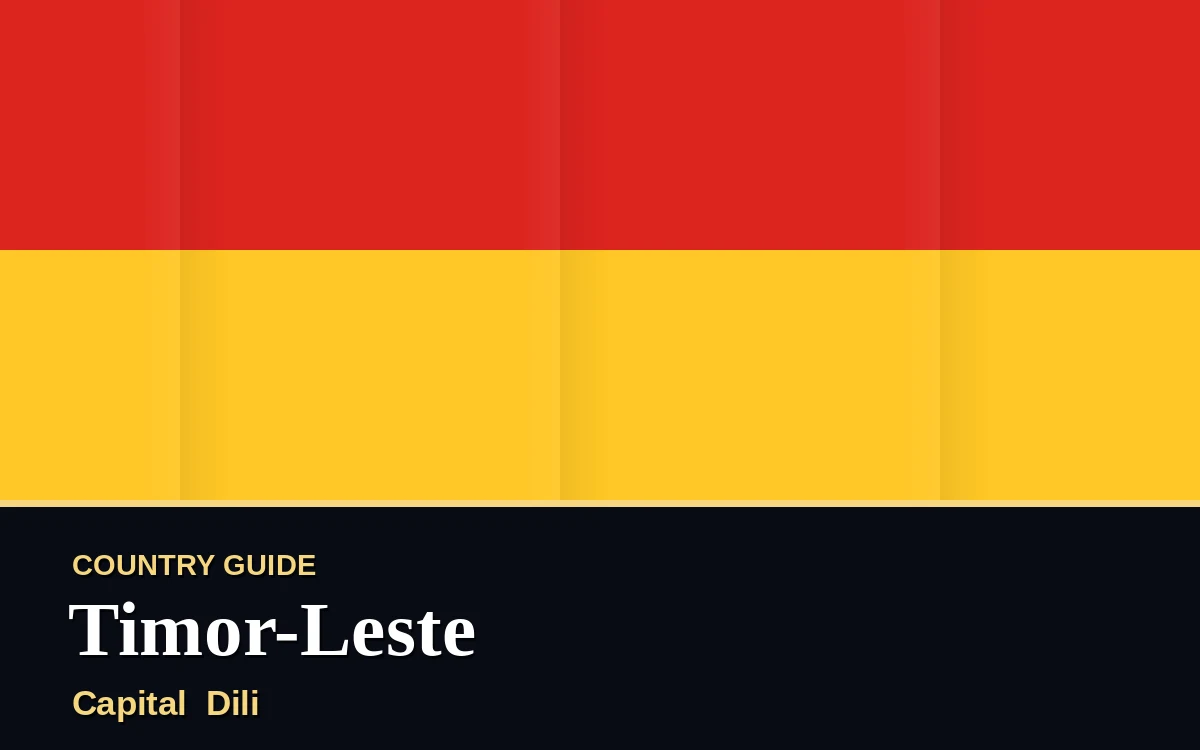 Original Timor-Leste country guide poster with capital Dili, Independence Day on Thursday, 20 May 2027, colours red and gold