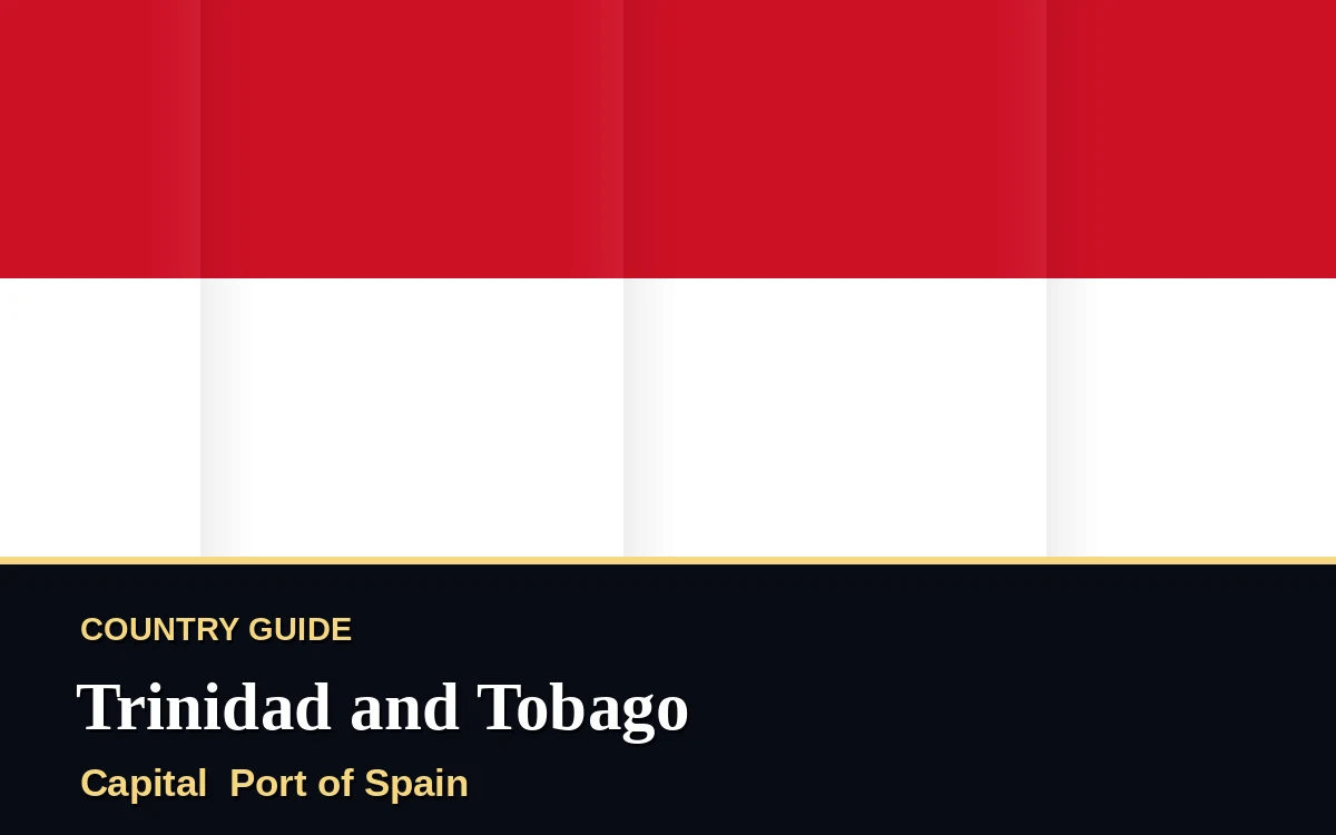 Original Trinidad and Tobago country guide poster with capital Port of Spain, Independence Day on Tuesday, 31 August 2027, colours red and white
