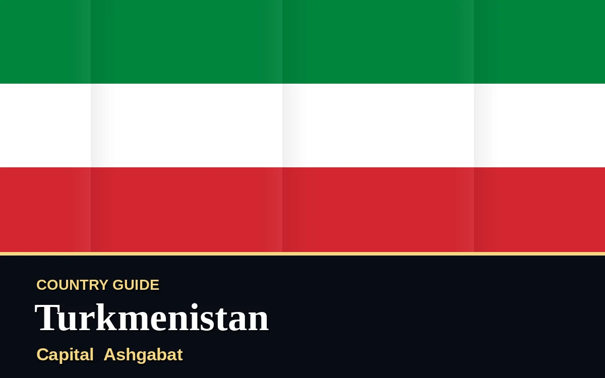 Original Turkmenistan country guide poster with capital Ashgabat, Independence Day on Monday, 27 September 2027, colours green and gold