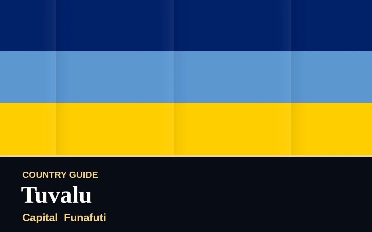 Original Tuvalu country guide poster with capital Funafuti, Independence Day on Friday, 1 October 2027, colours light blue and gold
