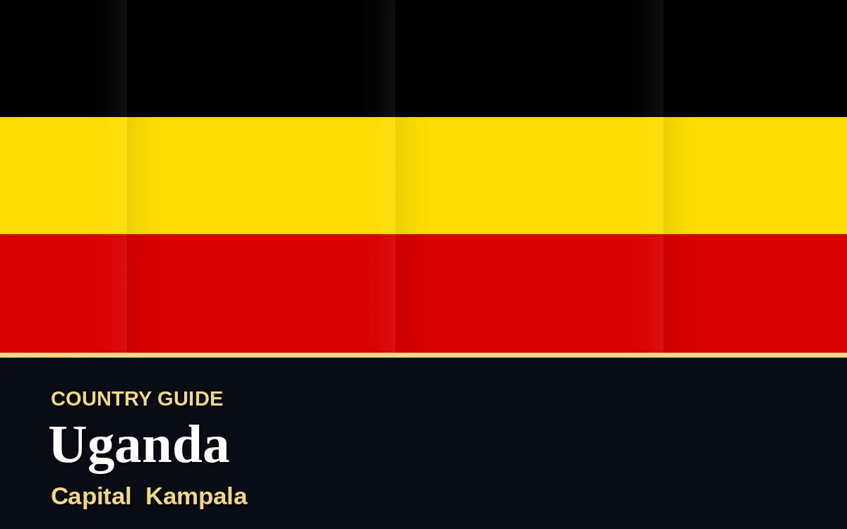 Original Uganda country guide poster with capital Kampala, Independence Day on Friday, 9 October 2026, colours black, yellow and red
