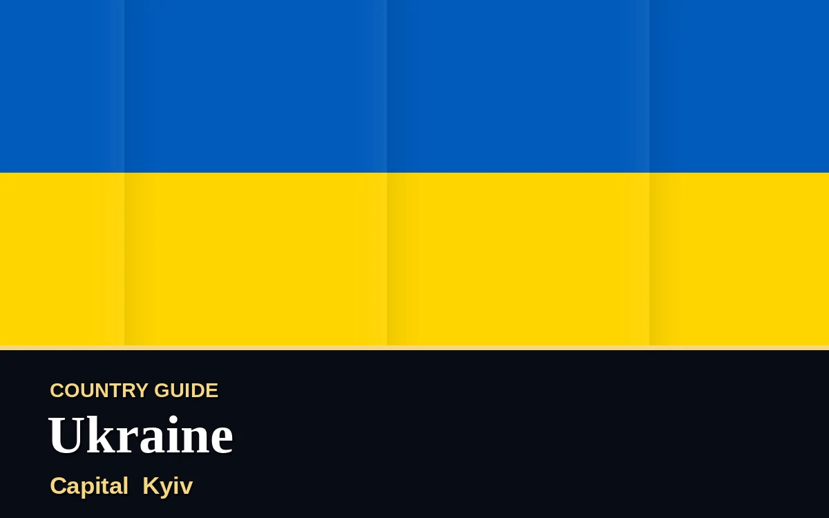 Original Ukraine country guide poster with capital Kyiv, Independence Day on Tuesday, 24 August 2027, colours blue and gold