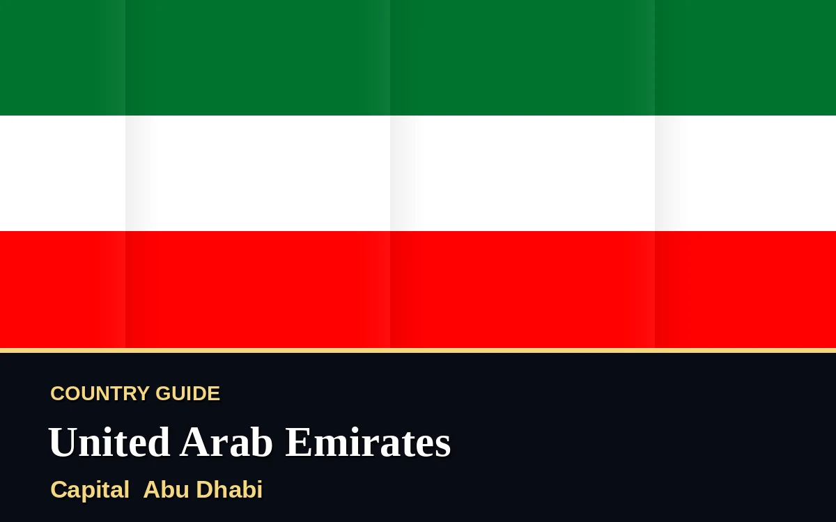 Original United Arab Emirates country guide poster with capital Abu Dhabi, National Day on Wednesday, 2 December 2026, colours green, white and black