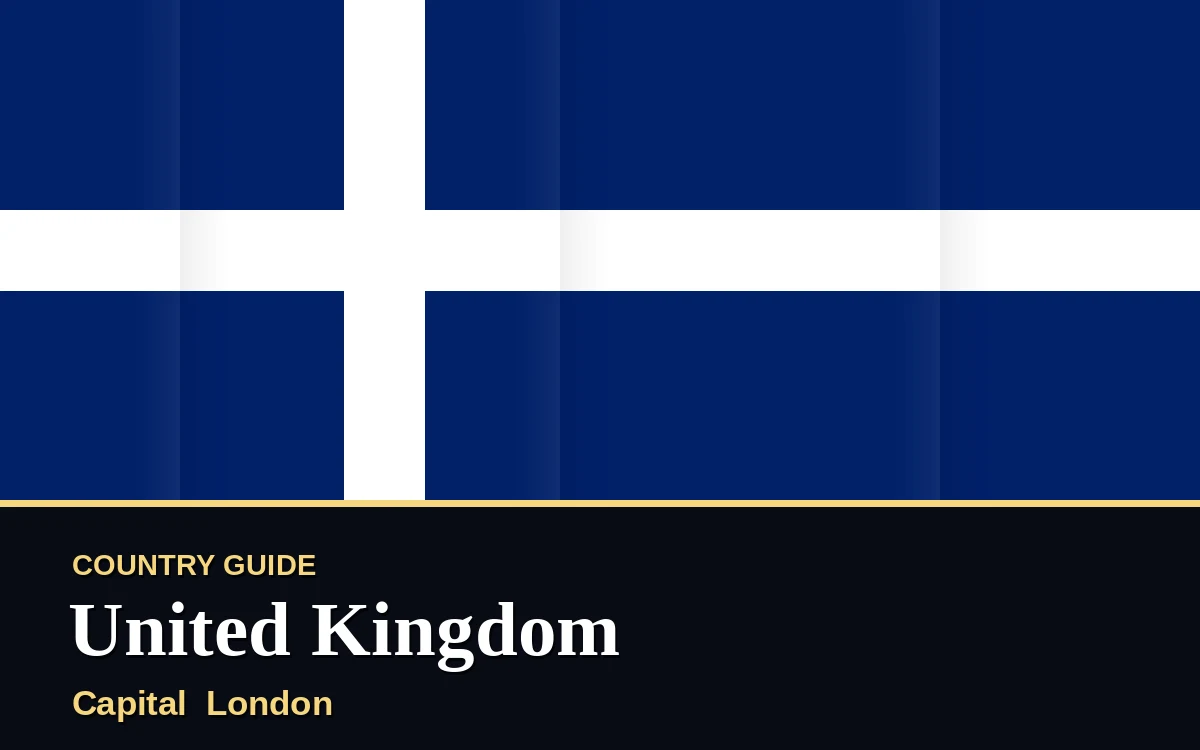 Original United Kingdom country guide poster with capital London, National Observance on Sunday, 13 June 2027, colours blue and gold