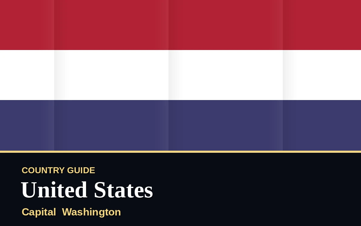 Original United States country guide poster with capital Washington, Independence Day on Sunday, 4 July 2027, colours red, white and blue