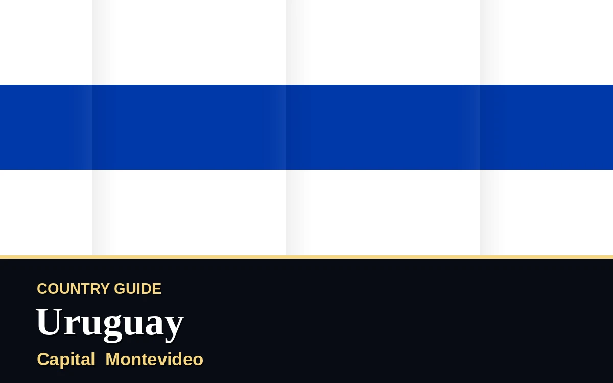 Original Uruguay country guide poster with capital Montevideo, Independence Day on Wednesday, 25 August 2027, colours blue and white