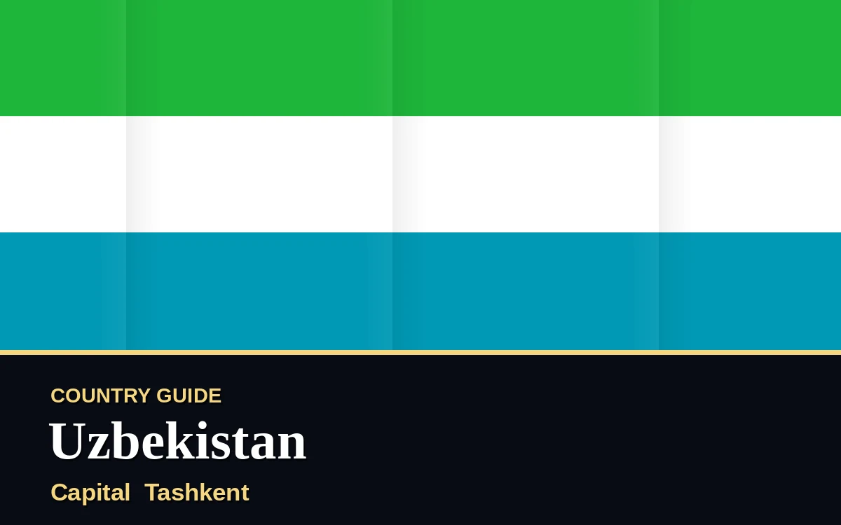 Original Uzbekistan country guide poster with capital Tashkent, Independence Day on Wednesday, 1 September 2027, colours blue and green