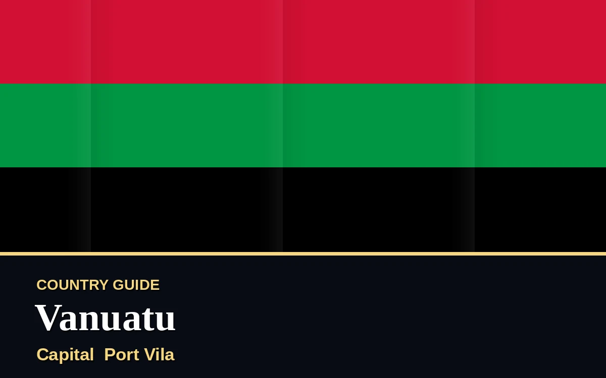 Original Vanuatu country guide poster with capital Port Vila, Independence Day on Friday, 30 July 2027, colours green and gold