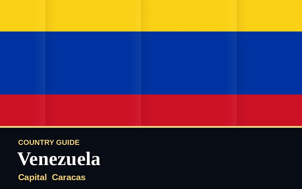 Original Venezuela country guide poster with capital Caracas, Independence Day on Monday, 5 July 2027, colours yellow and blue