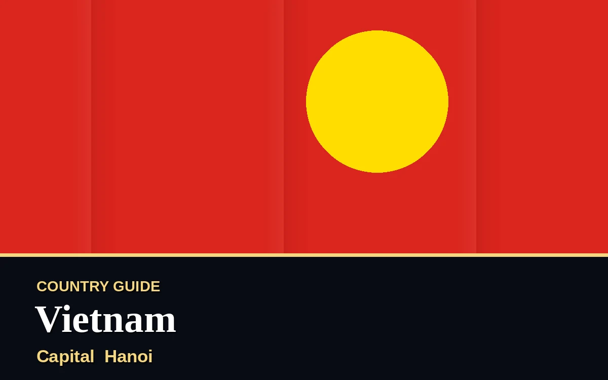 Original Vietnam country guide poster with capital Hanoi, National Day on Thursday, 2 September 2027, colours red and gold