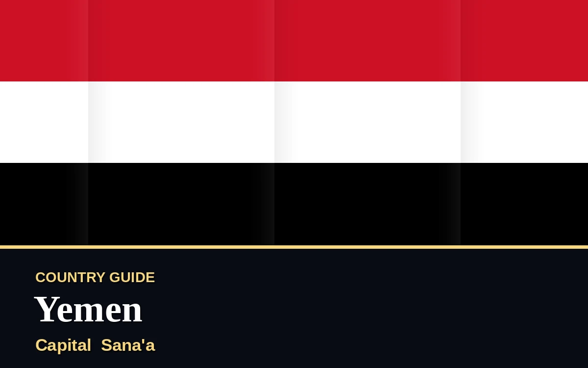 Original Yemen country guide poster with capital Sana'a, Unity Day on Saturday, 22 May 2027, colours red, white and black
