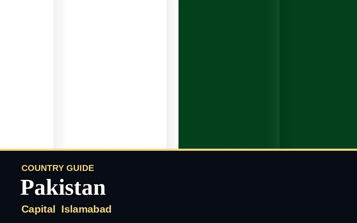 Original Pakistan country guide poster with capital Islamabad, Independence Day on Saturday, 14 August 2027, colours green and white